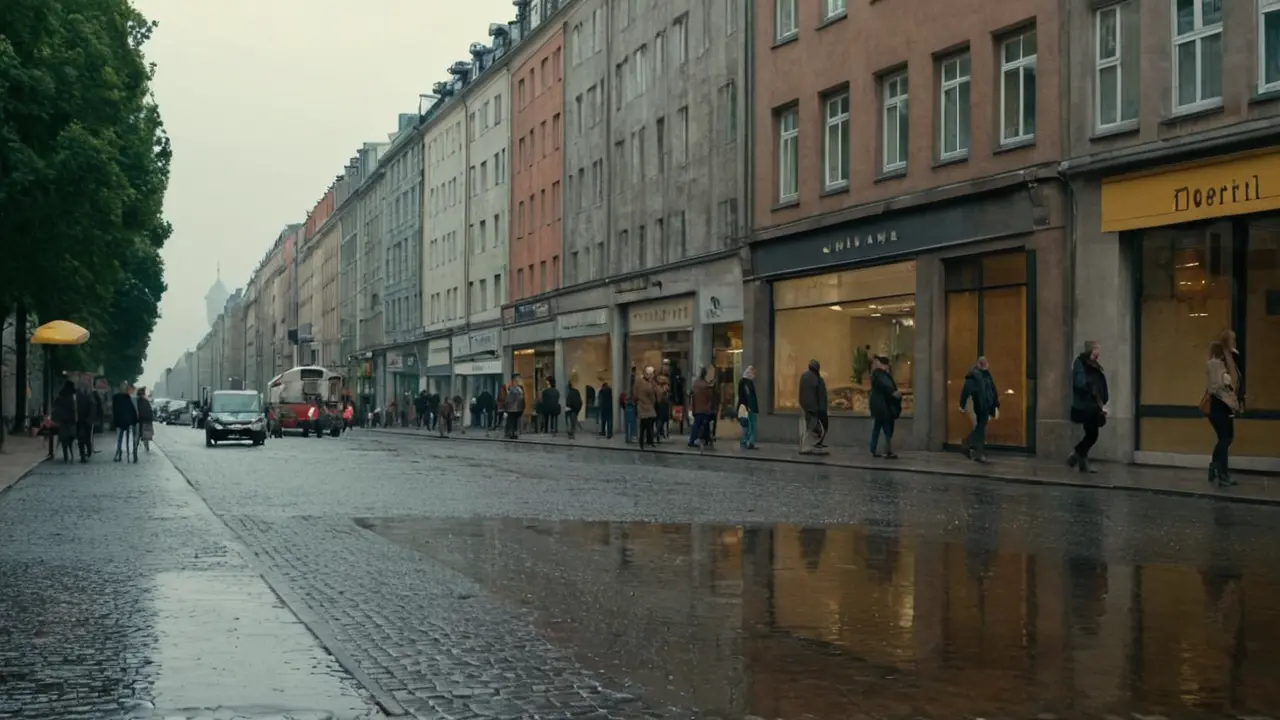 Hier ist eine mögliche Antwort:„Berliner Straßenszene: Regen, Schatten, Details.“