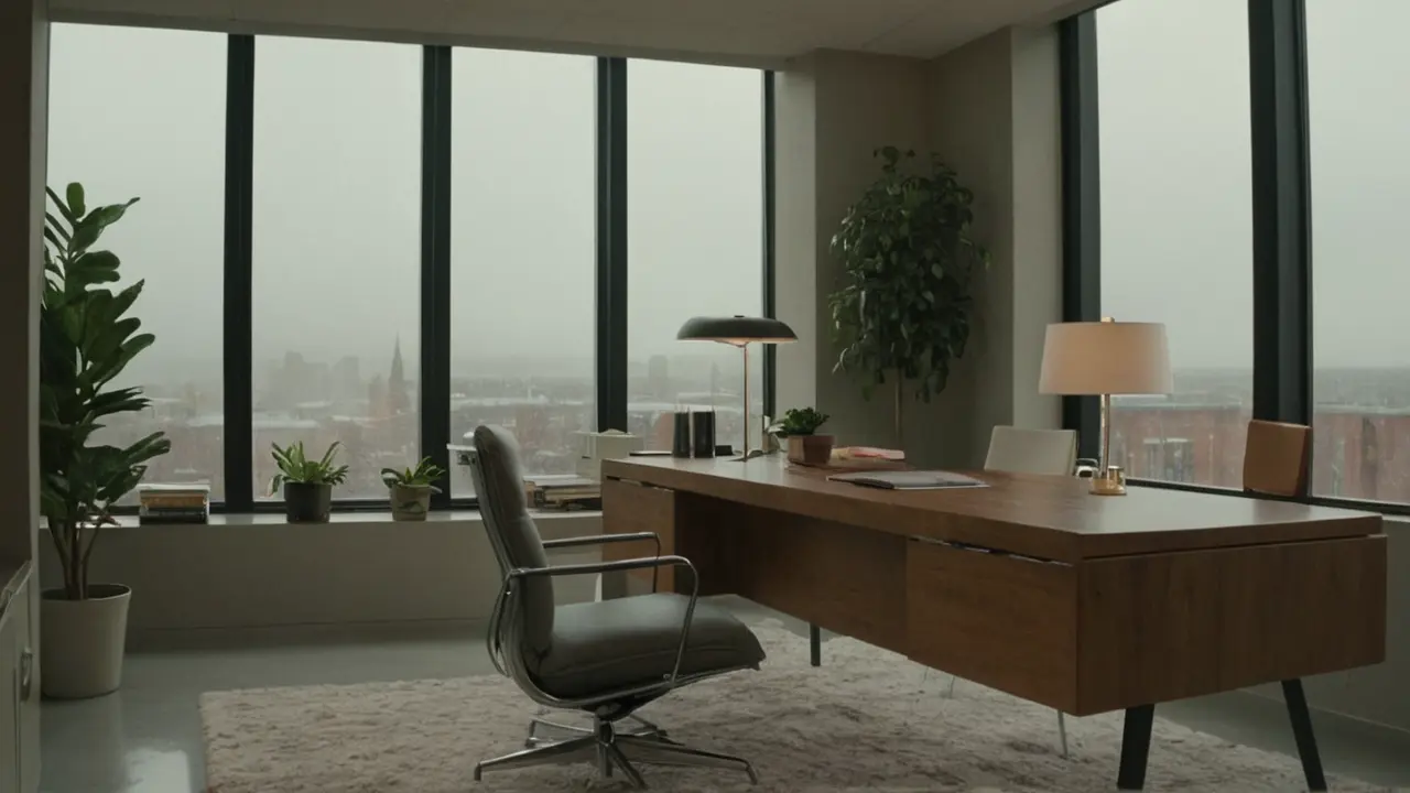 Hier ist eine kurze Antwort:Modernes Büro, ruhige Atmosphäre, Licht