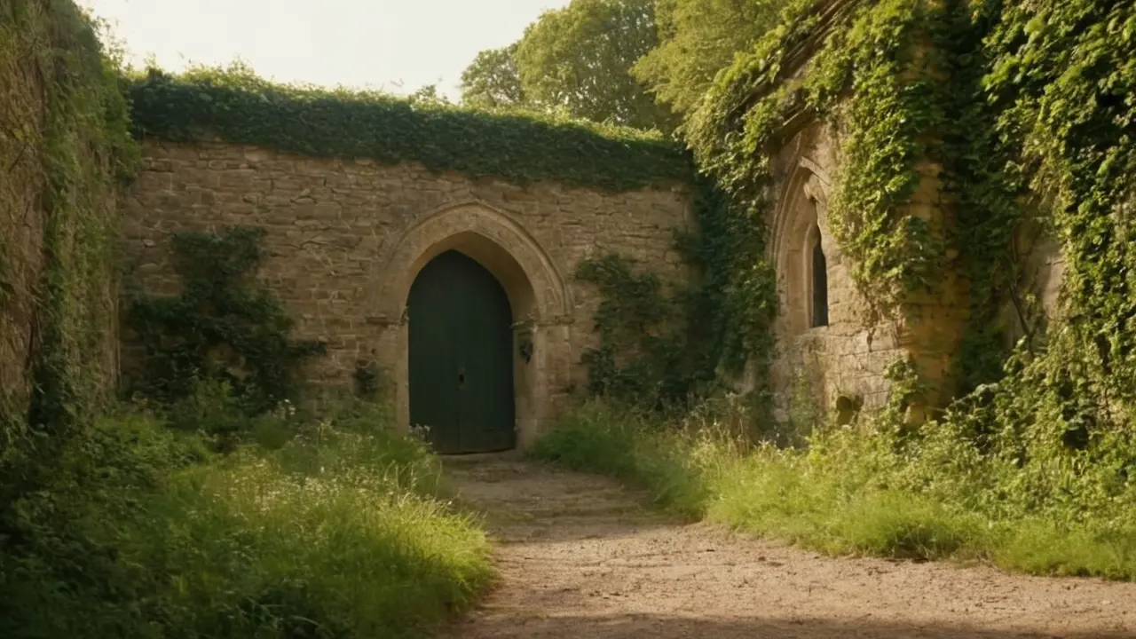 Hier ist eine mögliche Antwort:Verwittertes Haus, ruhige Landschaft, weite Perspektive