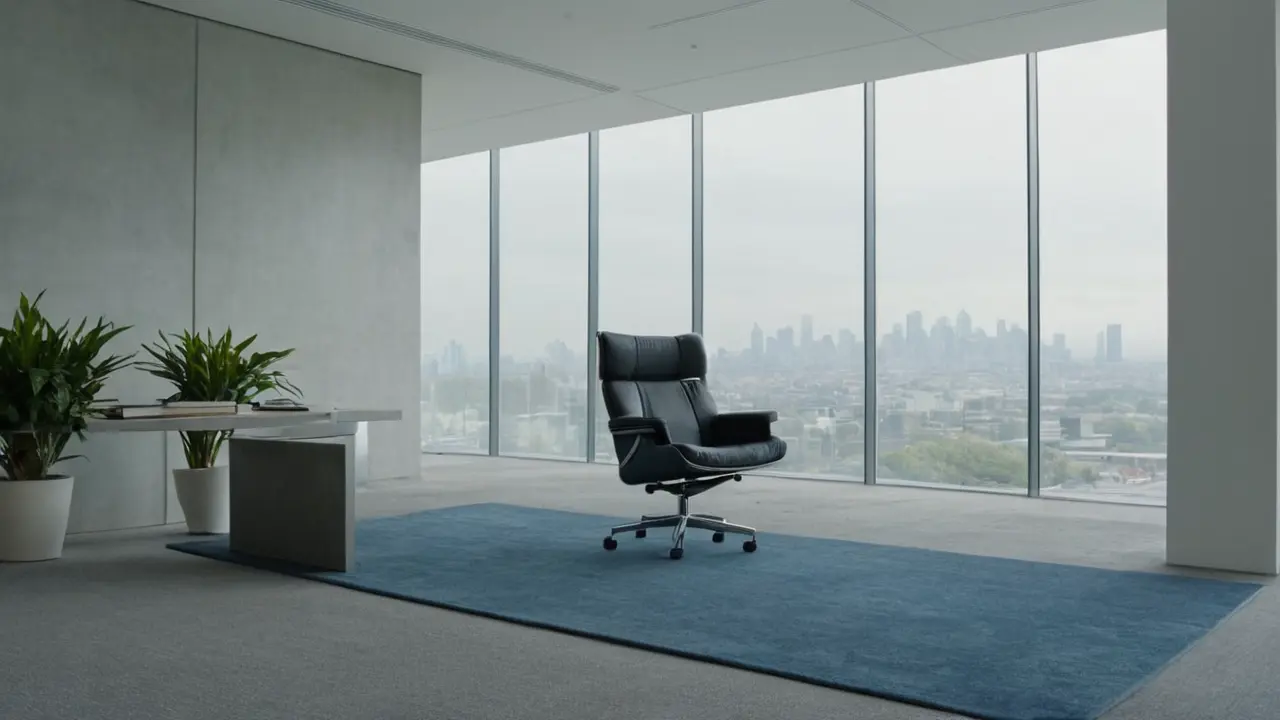 Hier ist eine kürzere Version:Moderner Arbeitsplatz, ruhige, graue Atmosphäre