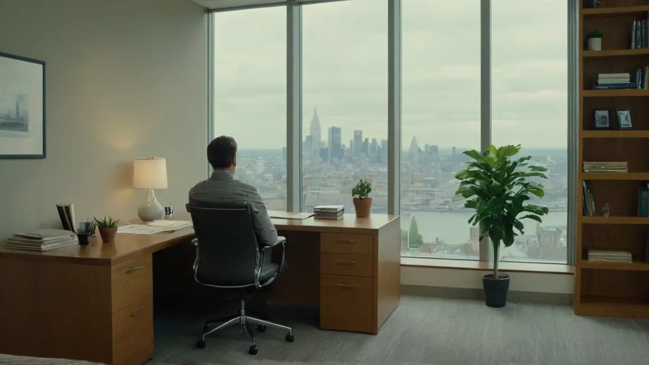 Hier ist ein Vorschlag:„Ruhevolles Büro, sanftes Licht, Details.“