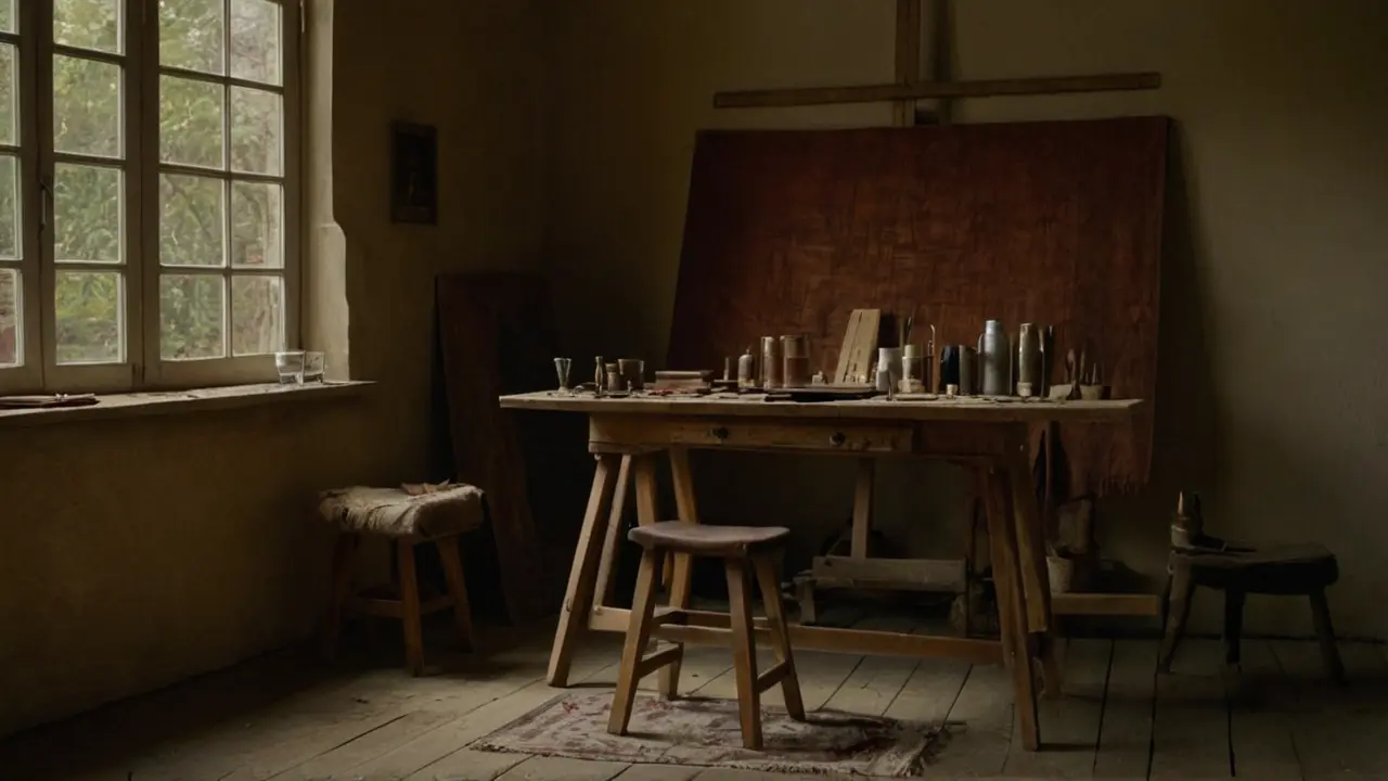 Hier ist die Antwort:“Werkstatt: Licht, Farbe, Stille.” (Estudio: Luz, Color, Silencio.)