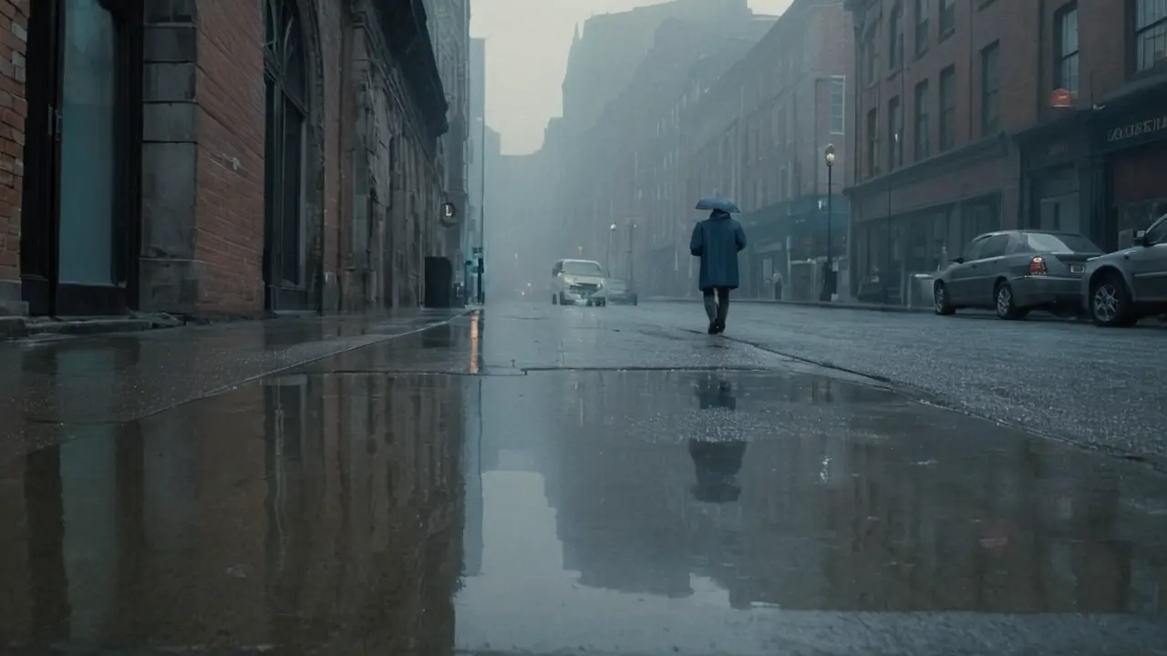 Hier ist eine mögliche Antwort:“Graue Stadt, Regen, Dunkelheit, Größe.”