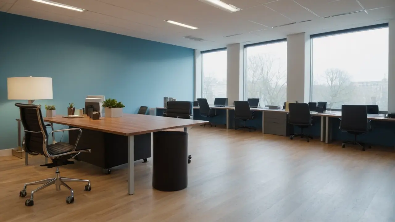 Hier ist eine mögliche Antwort:Ein ruhiger, beleuchteter Bürobereich. (Um 15 Wörter)Alternativ, noch kürzer:Büro: Licht, Ordnung, Tätigkeit. (5 Wörter)
