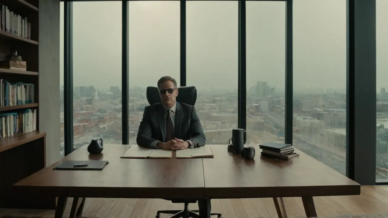 Hier ist eine mögliche Antwort:“Ein Büro: Licht, Arbeit, Perspektive.”(Un despacho: luz, trabajo, perspectiva.)